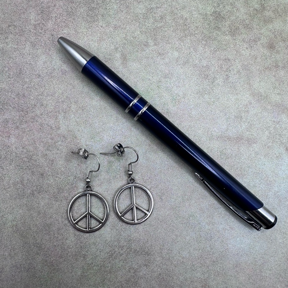 Nickel Free Silver Peace Sign Dangle Earrings - Picture 2 of 6